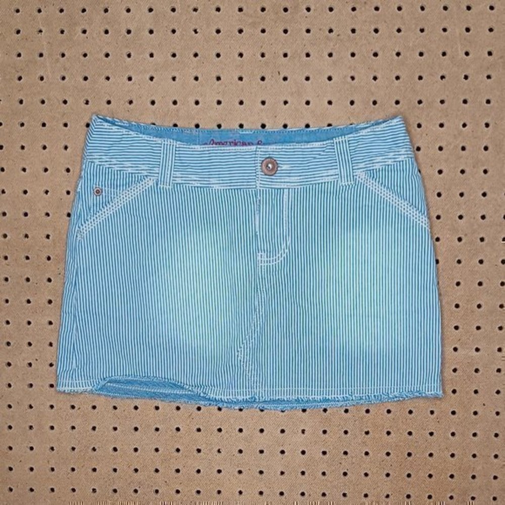 American Eagle womens blue white striped raw hem mini jean skirt 0 EUC